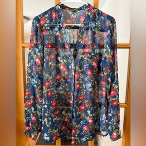 Kut from the Kloth Navy Floral Button-Down Shirt with Pink & Green Accents